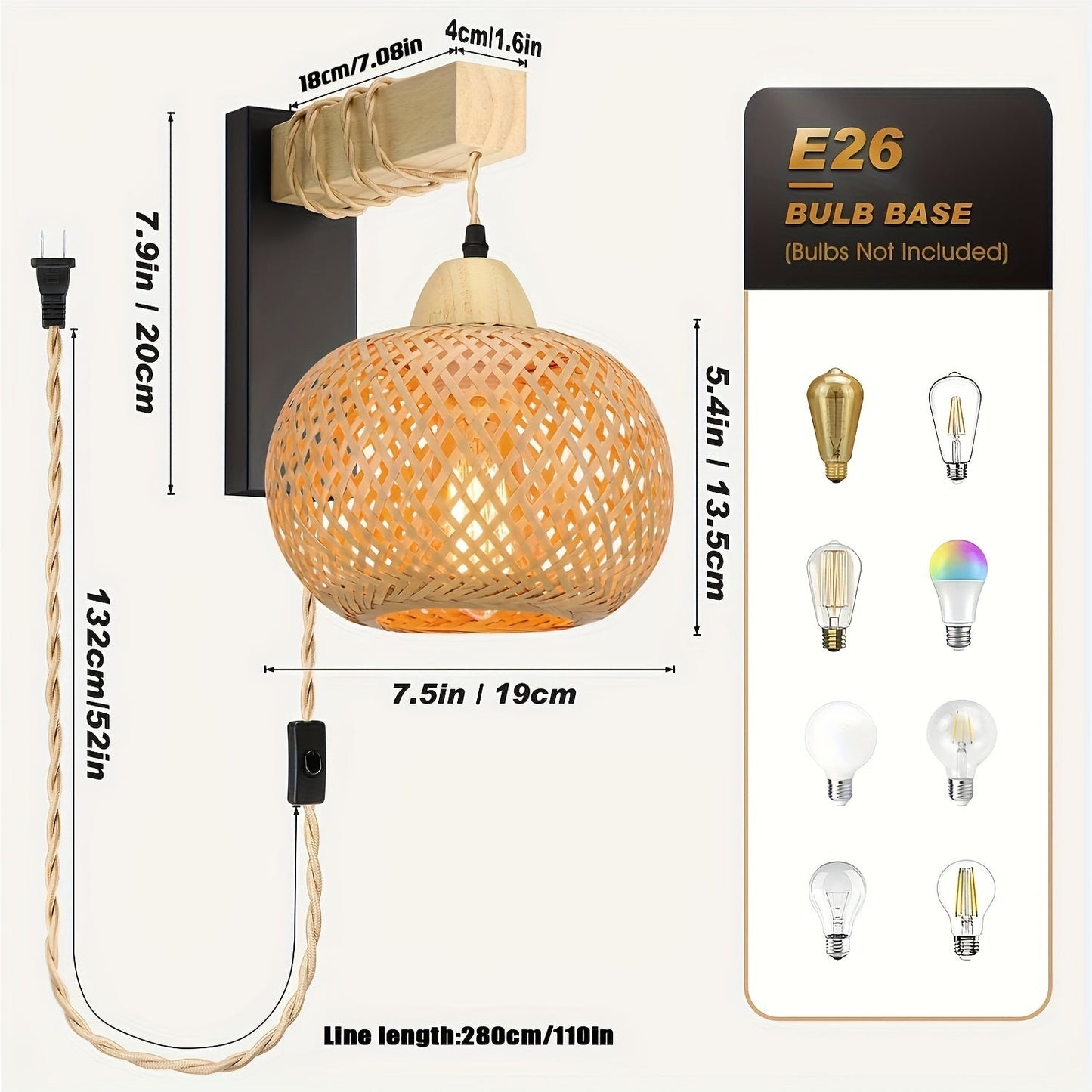 Bamboo Rattan Farmhouse Decor, Plug-In Corded Lamp for Bedroom & Living Room (Bulb Not Included)