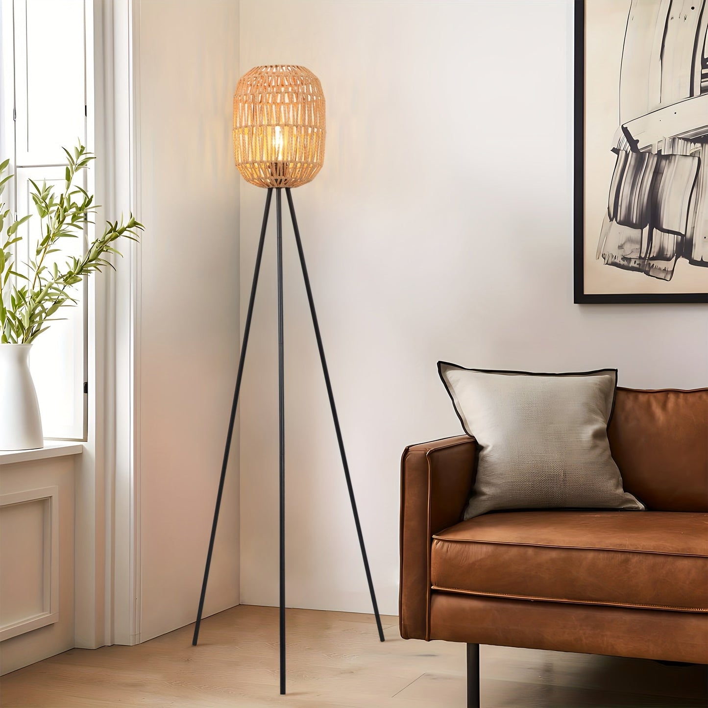 Three-legged hemp rope floor lamp, matte black (spray-painted) lamp post + hemp rope lampshade + E26 lamp holder, foot switch