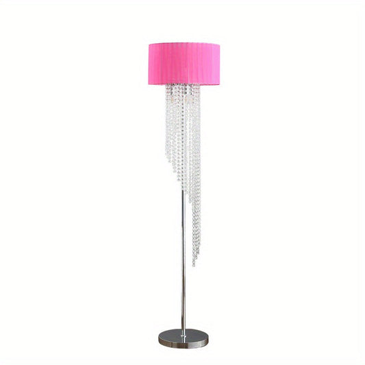 65.75"H Sheer Hot Pink Drum Shade Rain Crystal Chrome Metal Floor Lamp for Living Room, Standing Lamp for Bedroom