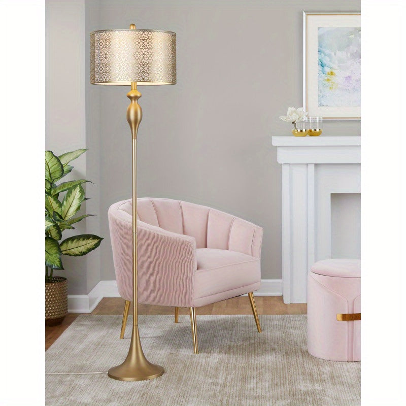 Contemporary Metal Floor Lamp in Gold Metal with Laser Cut Metal and Off-White Linen Shade from Grandview Gallery by LumiSource