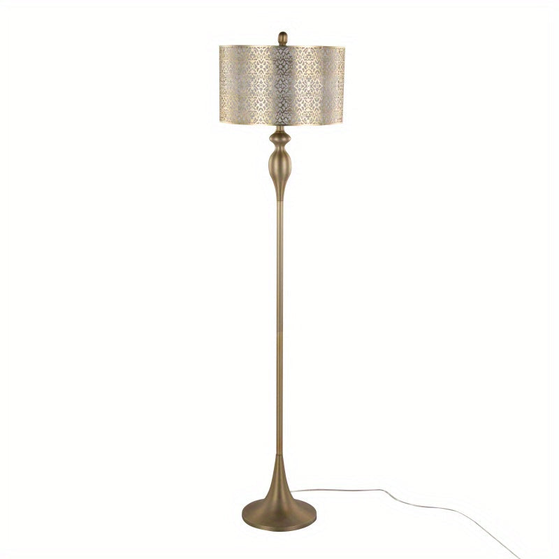 Contemporary Metal Floor Lamp in Gold Metal with Laser Cut Metal and Off-White Linen Shade from Grandview Gallery by LumiSource