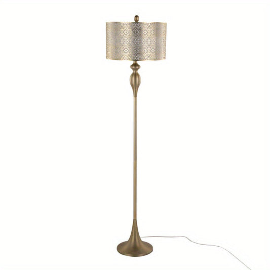 Contemporary Metal Floor Lamp in Gold Metal with Laser Cut Metal and Off-White Linen Shade from Grandview Gallery by LumiSource