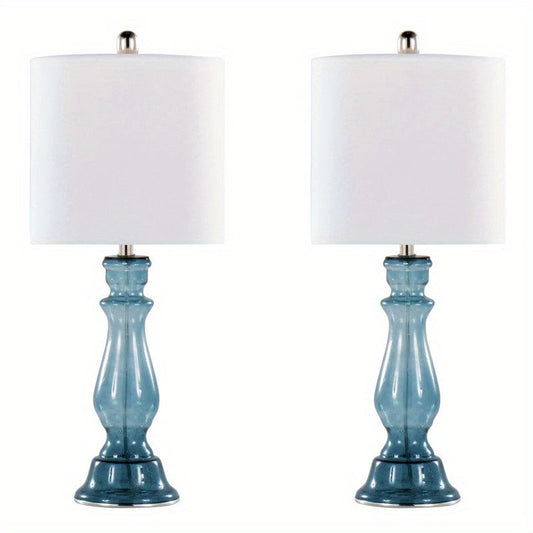 Bishop 25" Contemporary Glass Table Lamp in Clear Angel Blue Seeded Glass, Polished Nickel and White Linen Shade from Grandview Gallery by LumiSource - Set of 2