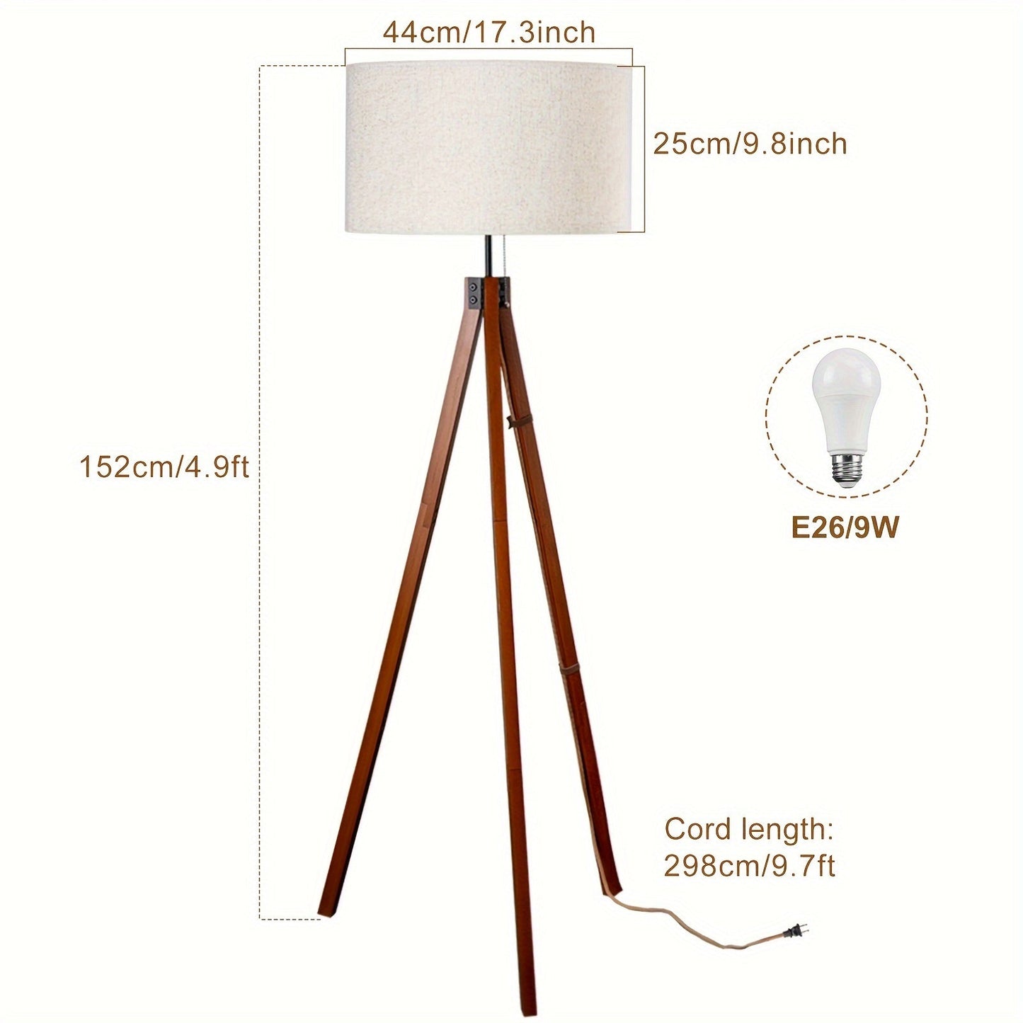 1PC Modern Tripod Floor Lamp With Linen Shade And 9W Dimmble Bulb US Plug Chain Switch Standing Lamp For Living Room