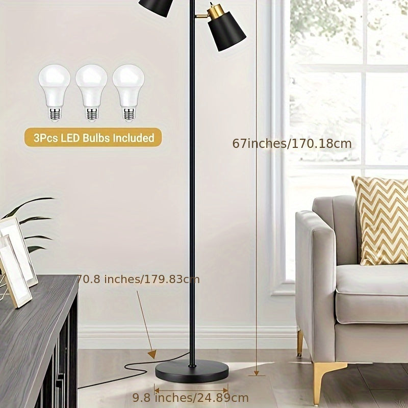 Tree Floor Lamps For Living Room, 67" Modern Standing Floor Lamp With 3 LED Bulb, Industrial Tall Lamp Reading Lighting For Bedroom Study Office Decor, 3 Rotatable Light Heads, Black Gold, Suitable For Halloween And Christmas