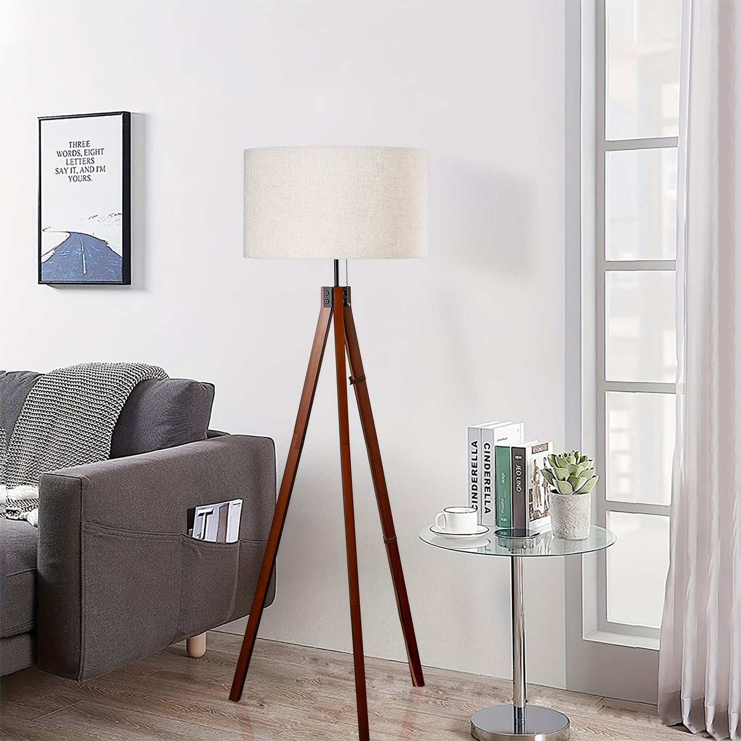 1PC Modern Tripod Floor Lamp With Linen Shade And 9W Dimmble Bulb US Plug Chain Switch Standing Lamp For Living Room