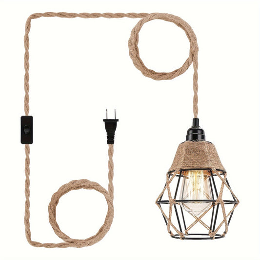 Industrial Pendant Lamp with US Plug, E26/E27 Base, Metal Hanging Fixture with Push Button On/Off Switch, Detachable Apricot Cord for Kitchen Island, Bedroom, Living Room - Installation Hardware Included (Bulb Not Included)