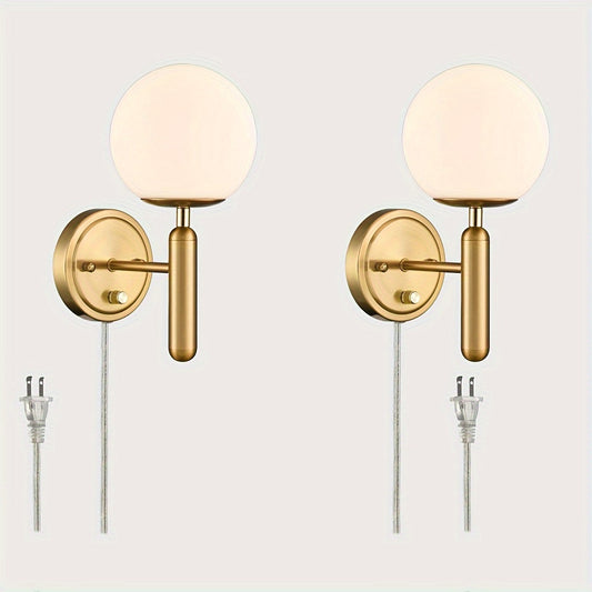 Modern Plug-in Wall Sconces Set of 2 with Opal Glass Black