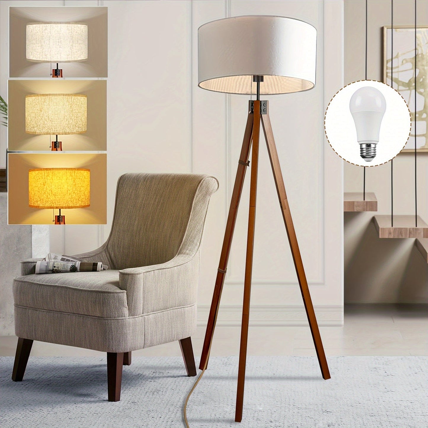 1PC Modern Tripod Floor Lamp With Linen Shade And 9W Dimmble Bulb US Plug Chain Switch Standing Lamp For Living Room