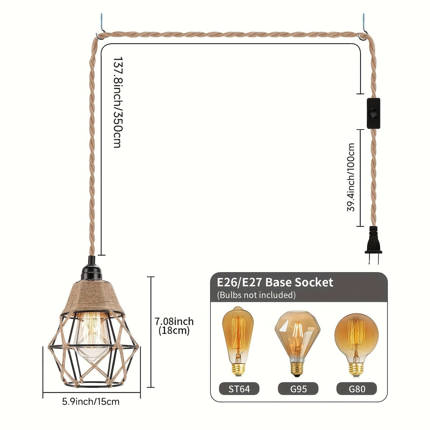 Industrial Pendant Lamp with US Plug, E26/E27 Base, Metal Hanging Fixture with Push Button On/Off Switch, Detachable Apricot Cord for Kitchen Island, Bedroom, Living Room - Installation Hardware Included (Bulb Not Included)