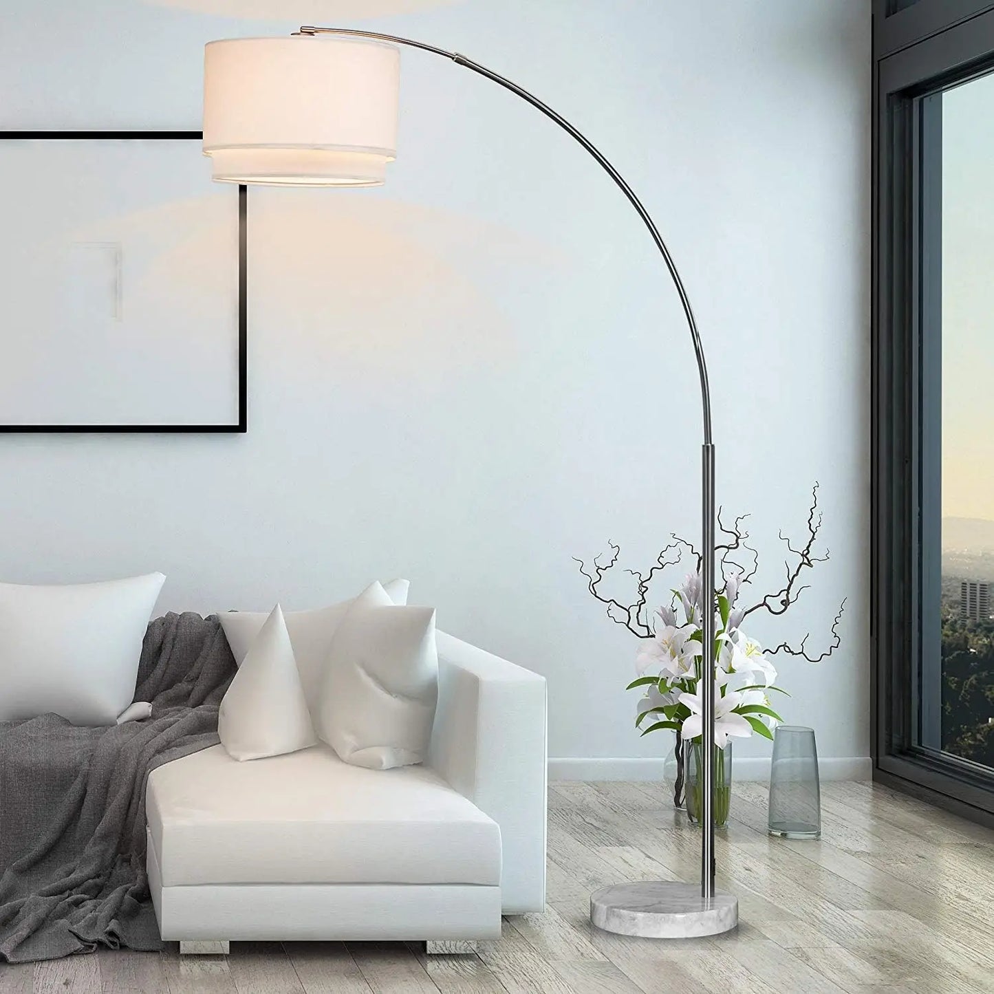 Living Room-Stand Up Arching Drum Shade Large Floor Lamp with Real Marble Base for Bedrooms-Corner L