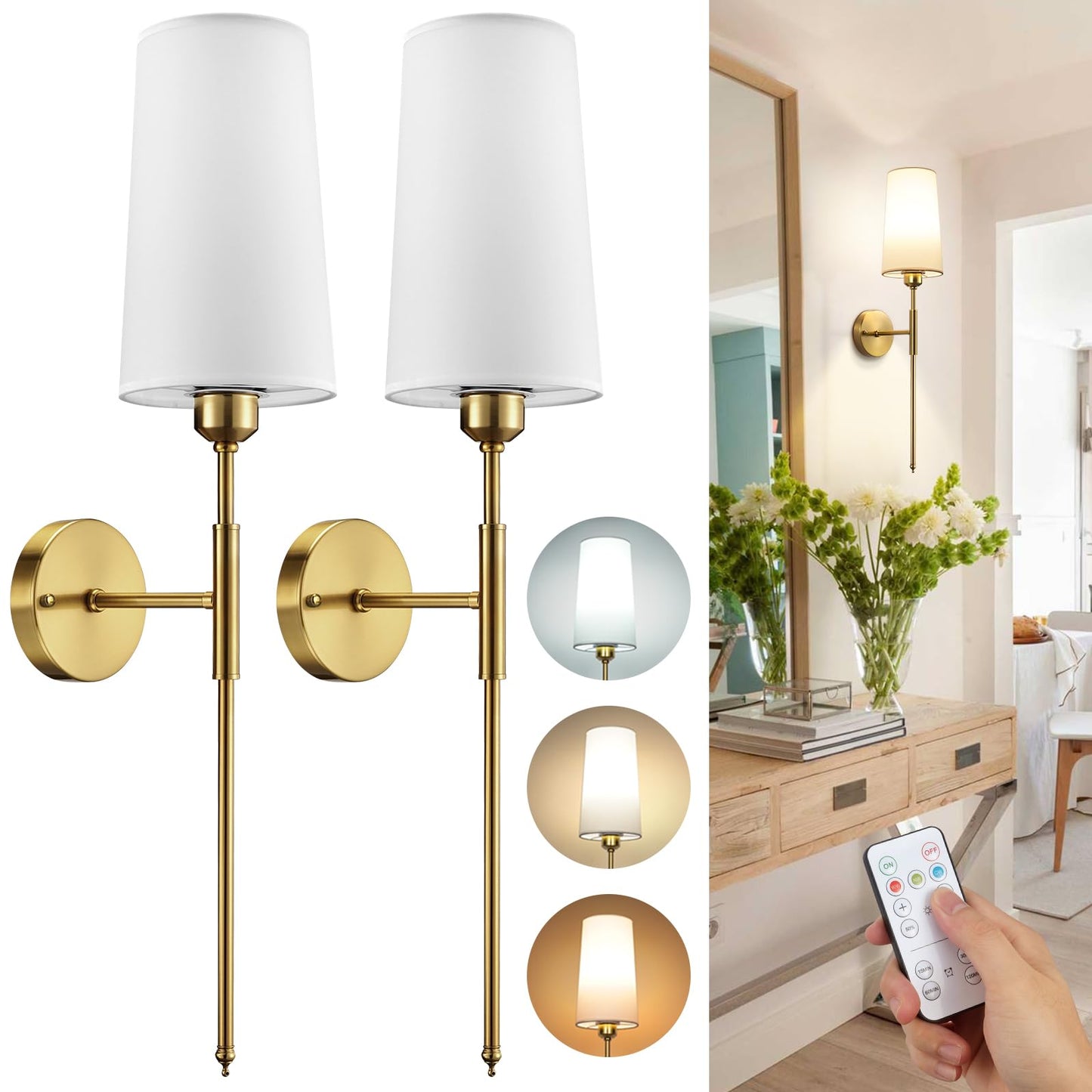 Battery Operated Wall Sconce Set of 2, Rechargeable Wall Sconce With Dimmable Wireless Battery Powered Wall Lamp Decor Fixture For Bedroom Living Room White Fabric Shade Included Bulbs