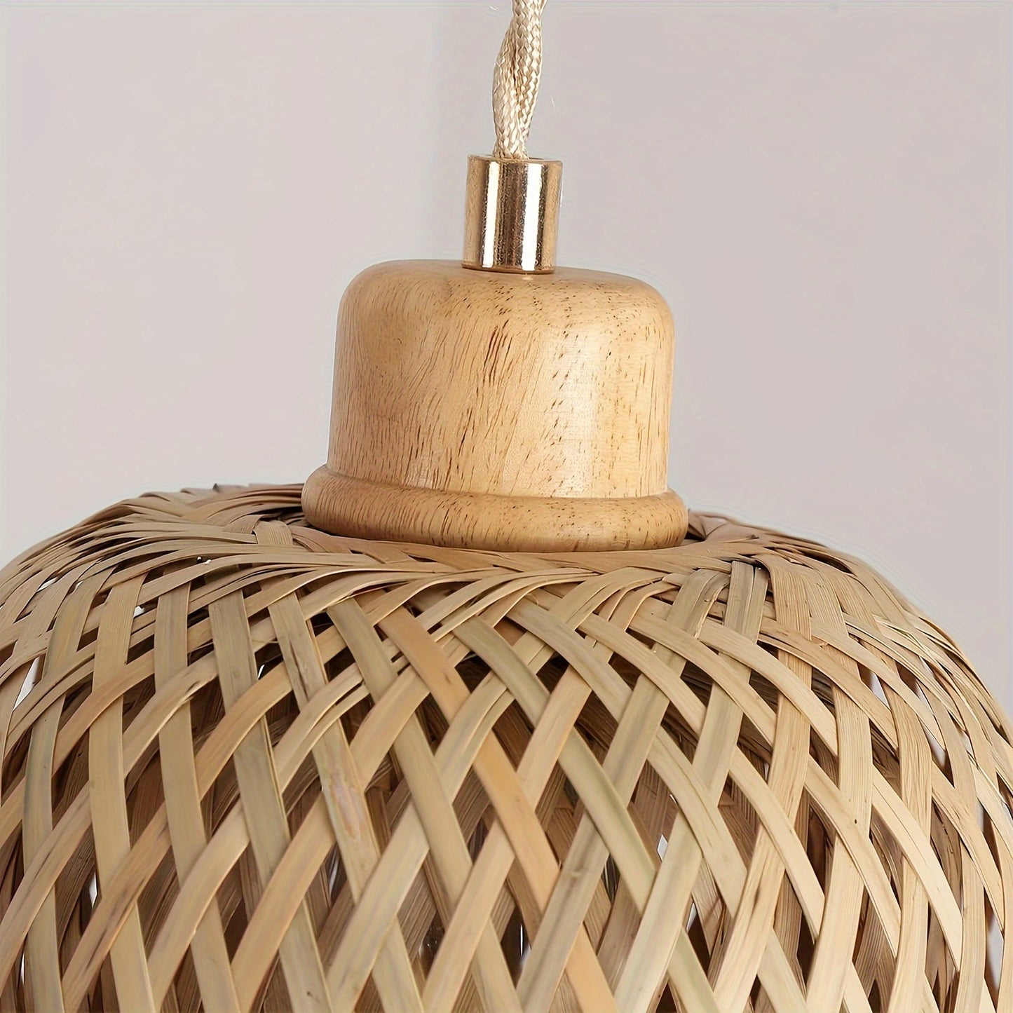 Bamboo Pendant Lamp with 13Ft Handwoven Cord - Boho Basket Mini Hanging Fixture for Bedroom, Kitchen Island, Farmhouse, Living Spaces - Apricot Wood Shade, Push Button, Hanging Mount, No Bulb Included (110V-130V, US Plug)