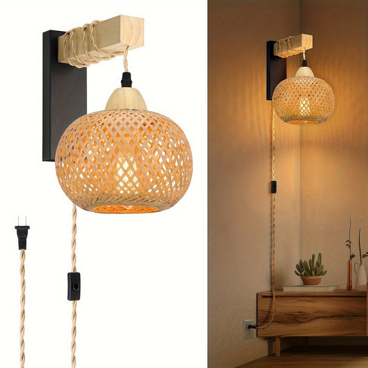 Bamboo Rattan Farmhouse Decor, Plug-In Corded Lamp for Bedroom & Living Room (Bulb Not Included)