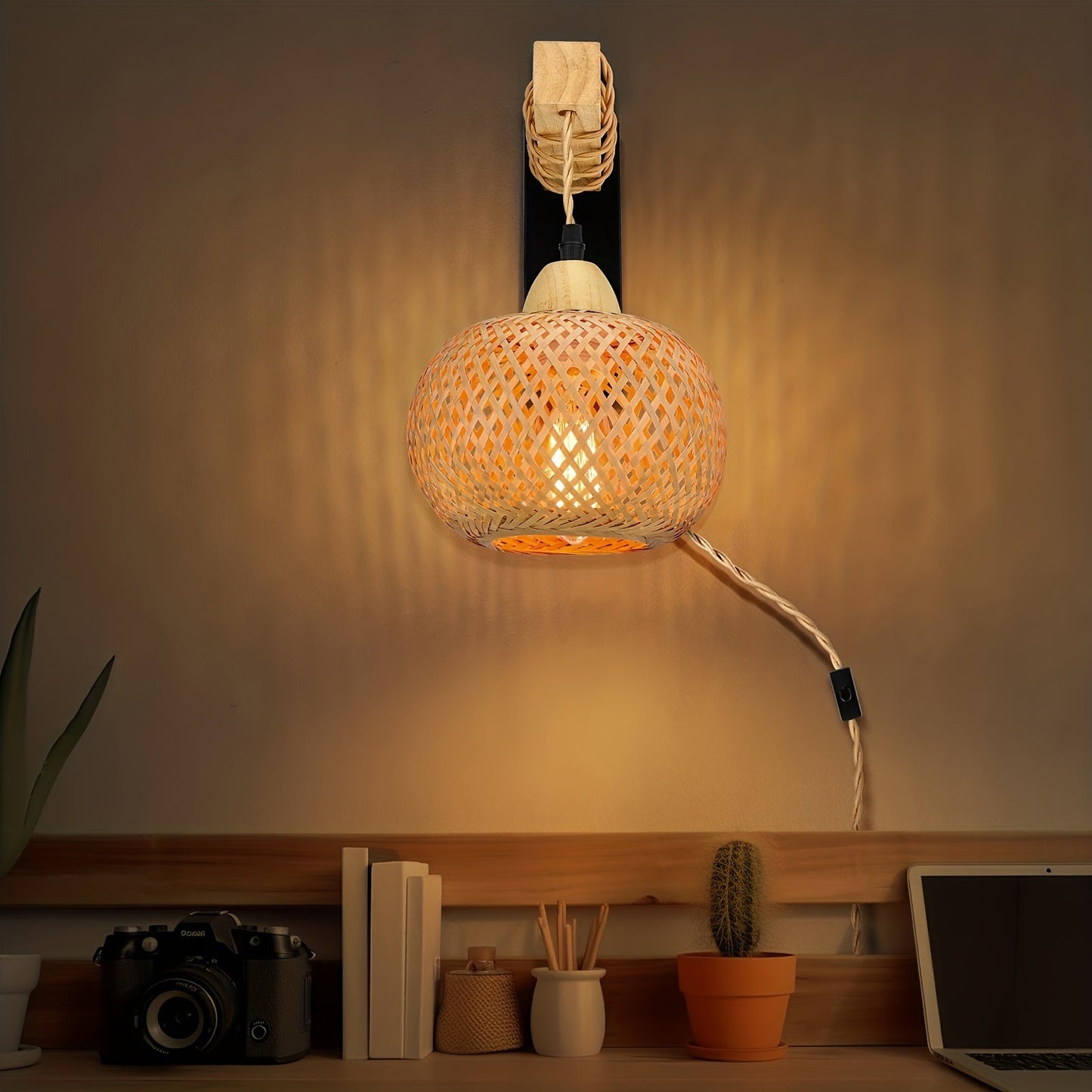 Bamboo Rattan Farmhouse Decor, Plug-In Corded Lamp for Bedroom & Living Room (Bulb Not Included)