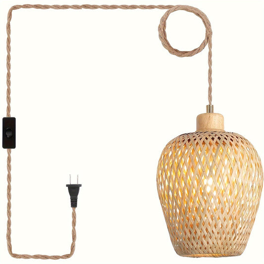 Bamboo Pendant Lamp with 13Ft Handwoven Cord - Boho Basket Mini Hanging Fixture for Bedroom, Kitchen Island, Farmhouse, Living Spaces - Apricot Wood Shade, Push Button, Hanging Mount, No Bulb Included (110V-130V, US Plug)