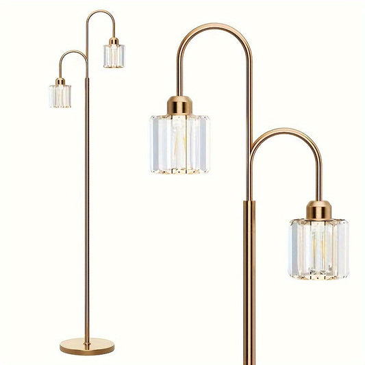 2-Light Crystal Floor Lamp - Modern Chrome/Brass Golden Standing Tree Lamp with Glam Corner Design for Living Room and Bedroom, Bulb Excluded