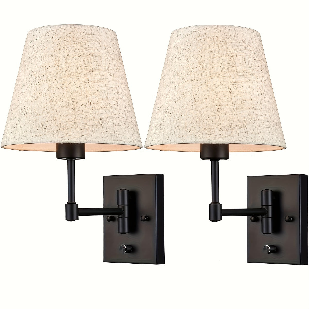 Industrial Black Metal Wall Sconces with Fabric Shades: Set of 2 for Bedroom, Living Room, Bathroom, or Hallway - Hardwired, Keyless, Removable Clips, No Bulbs Included