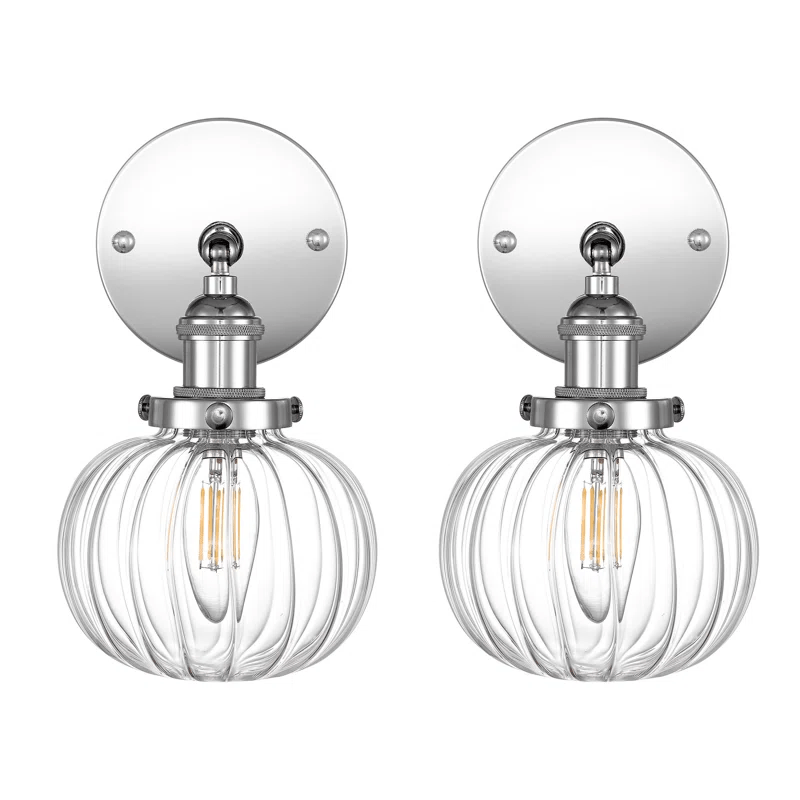 1-Light Nickel Wall Sconces Glass Wall Lamp Lighting Fixtures with Pumpkin Shade, 2-Pack